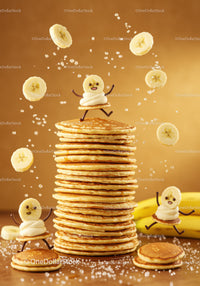 Happy Pancake Stack with Playful Banana Characters