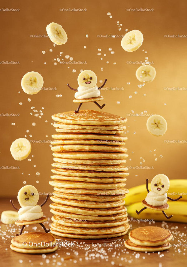 Happy Pancake Stack with Playful Banana Characters