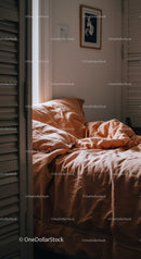 Cozy Bedroom with Rust-colored Linen Bedding and Natural Light