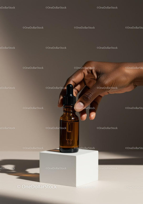 Elegant Brown Dropper Bottle with Hand Holding Aromatic Oil JPG Mockup Image