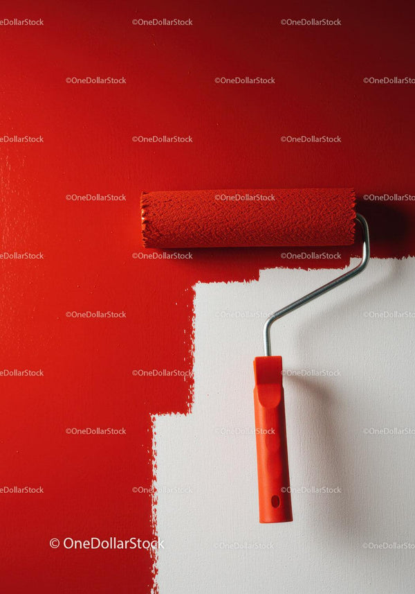 Red Interior Wall with Paint Roller in Modern Home Renovation