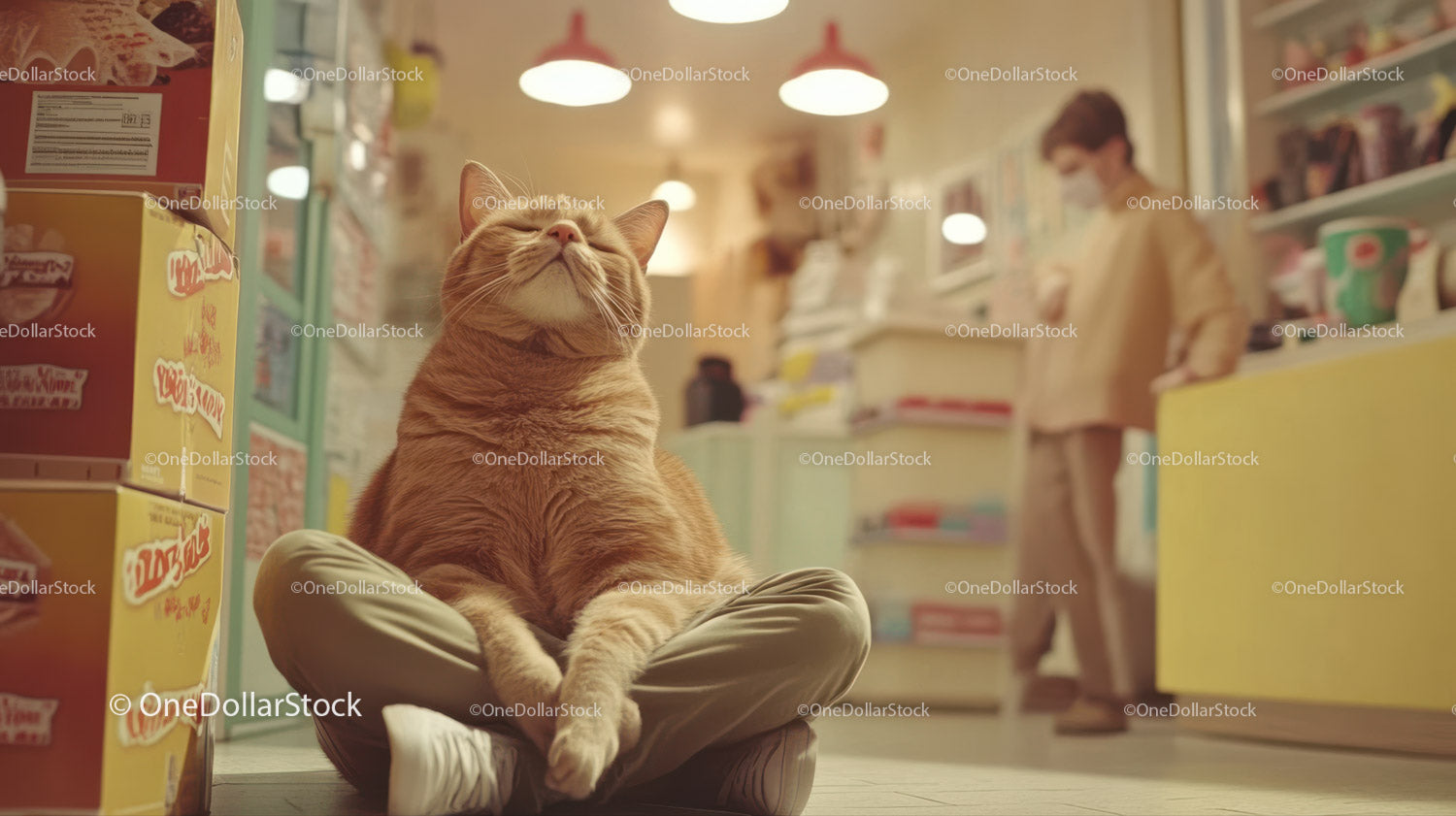 Ginger Cat Sitting Calmly on Grocery Store Floor