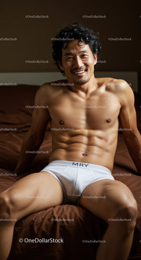 Smiling muscular man relaxing on bed in white underwear