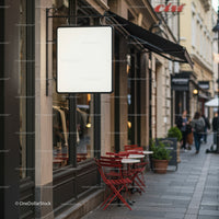 Empty outdoor cafe seating with blank signboard in city street