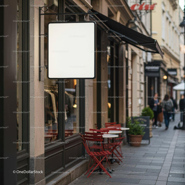 Empty outdoor cafe seating with blank signboard in city street JPG Mockup Image