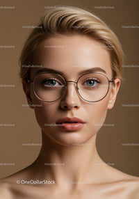 Close-up Portrait of a Woman with Blonde Hair and Blue Eyes Wearing Glasses