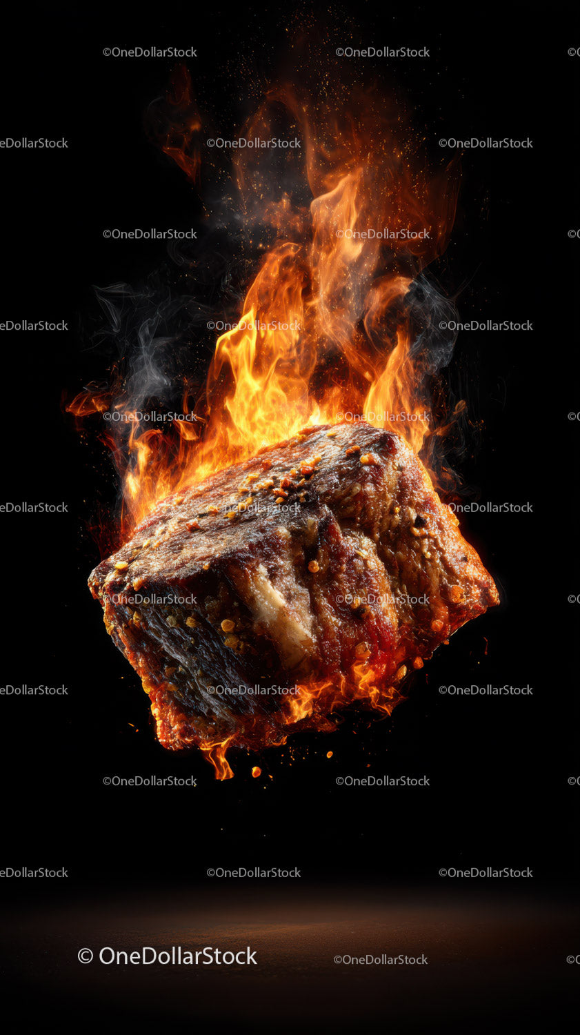 Burning Steak with Flames in a Dramatic Culinary Scene
