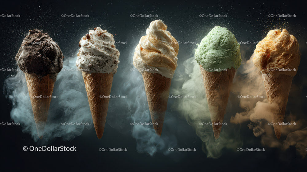 Variety of Ice Cream Cones with Flavored Scoops in Dark Background