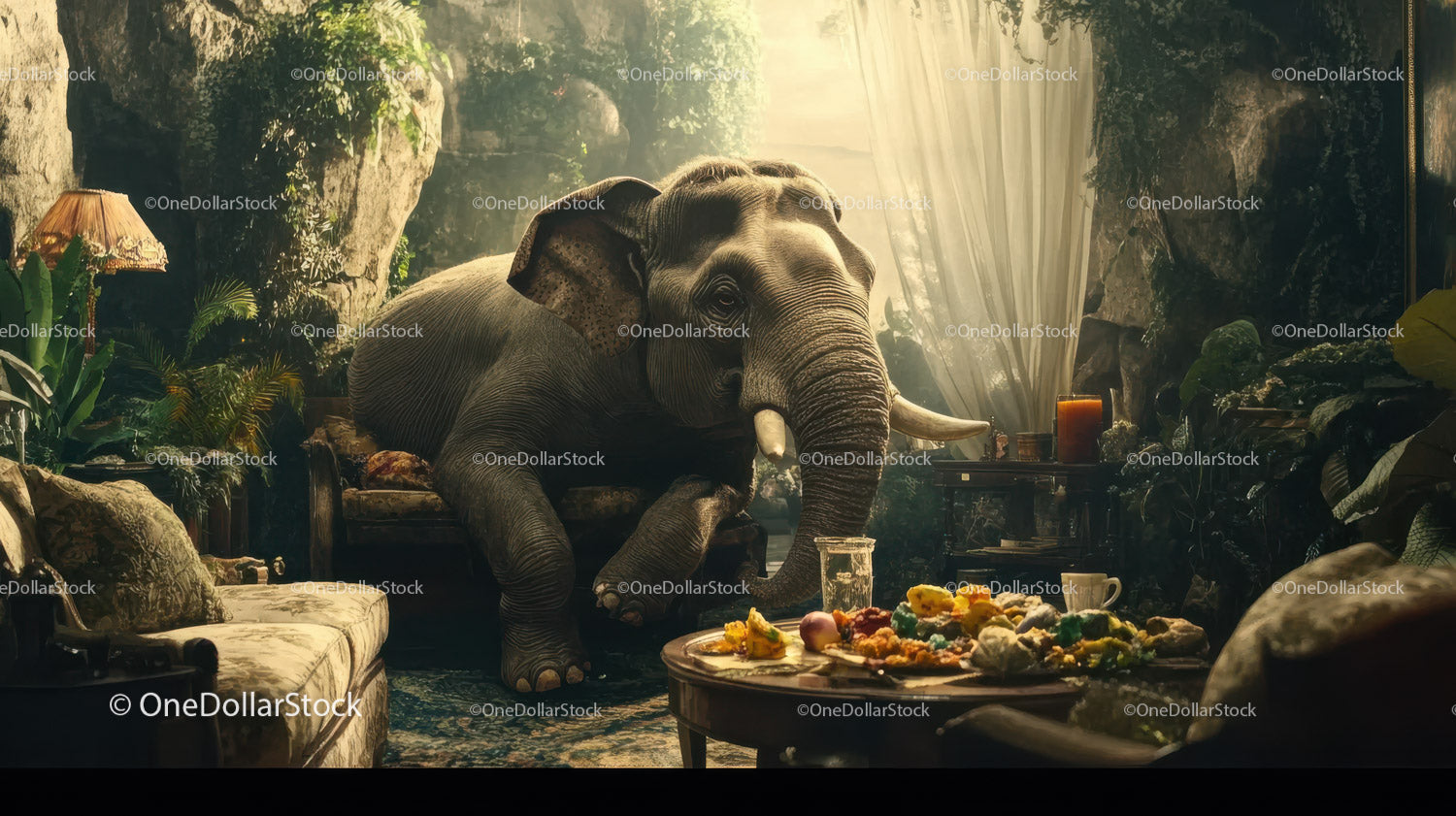 Decorative Elephant Statue in Lush Jungle Themed Indoor Setting