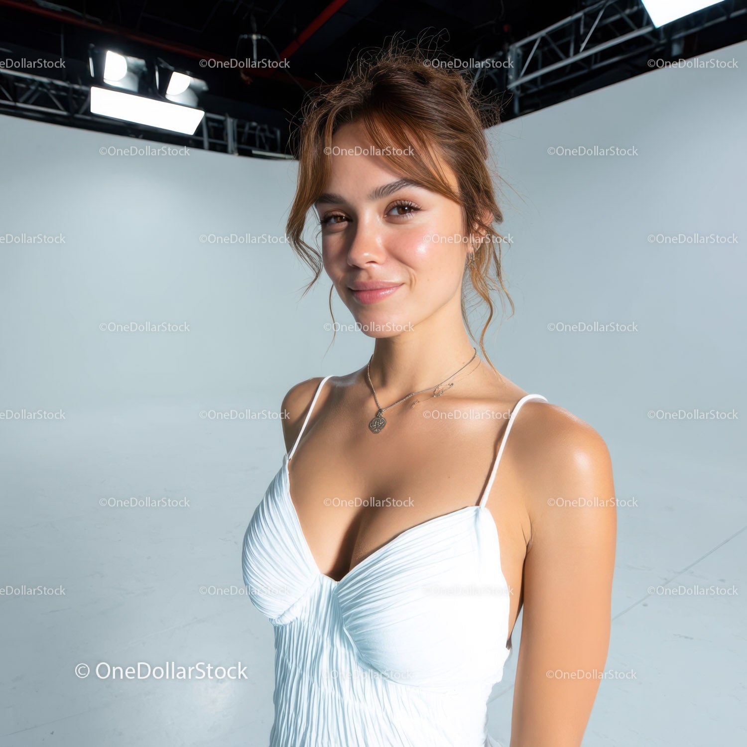 Young Woman Smiling in White Dress with Jewelry Studio Portrait