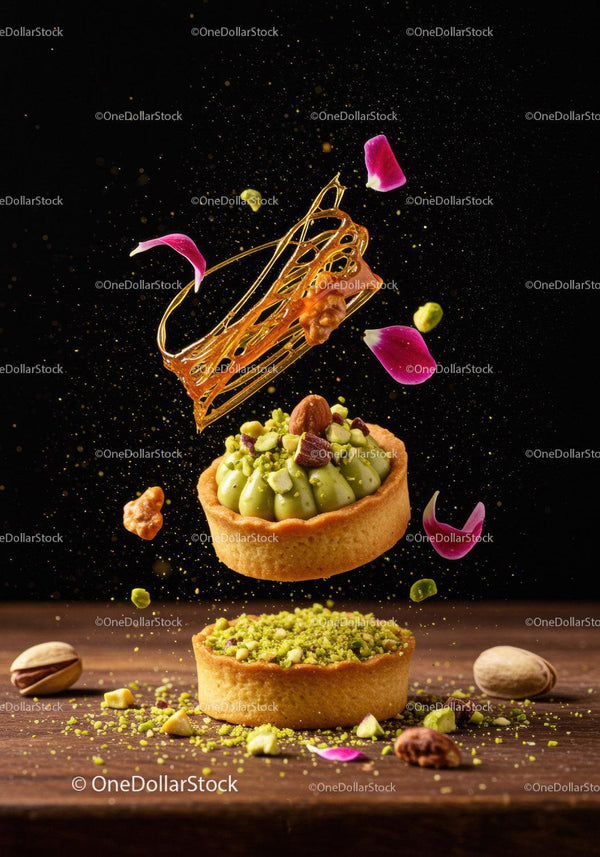 Creative pistachio tart with caramel decoration and petals