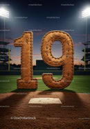 Leather stitched number 19 on baseball field at dusk
