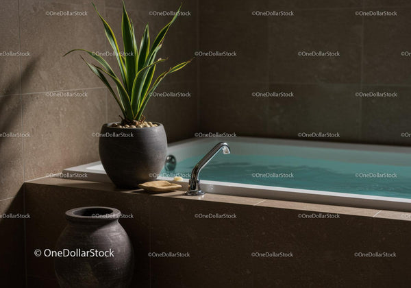 Elegancka Wewnętrzna Wanna z Zieloną Rośliną i Kamienną Dekoracją