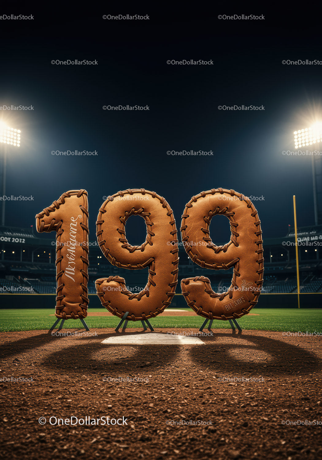 Rękawice baseballowe tworzą numer 199 na boisku