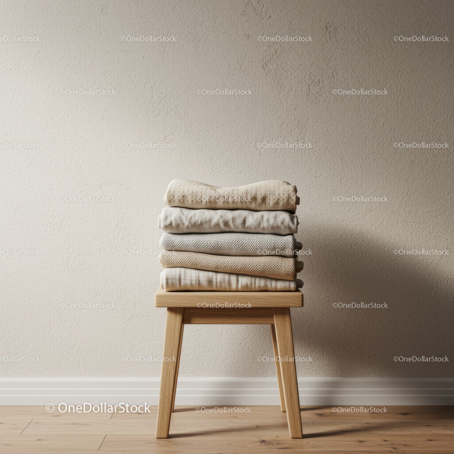 Stack of Neutral Folded Sweaters on Wooden Stool
