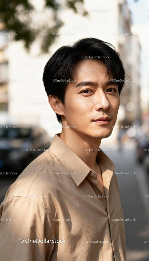 Young man with thoughtful expression in urban setting