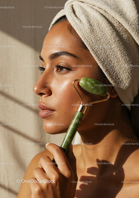 Woman Using Jade Roller for Facial Massage and Skin Rejuvenation