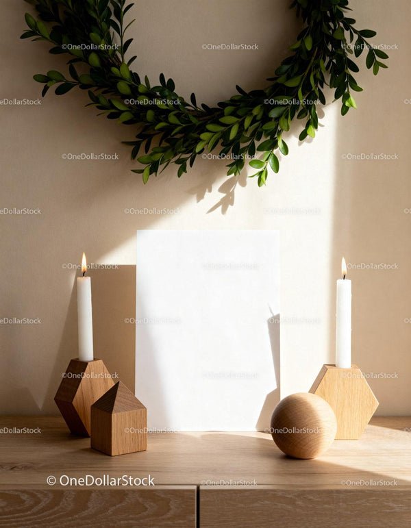 Minimalist holiday decor with candles and greenery wreath