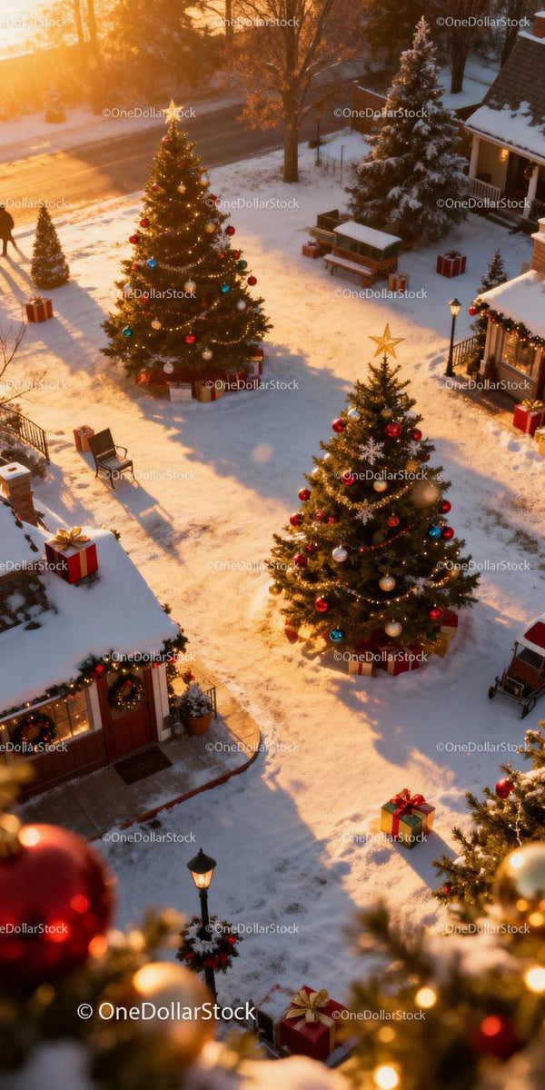 Przytulny Zaśnieżony Rynek Wiejski z Ozdobionymi Choinkami