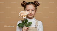 Young Girl Holding a Large Peony Flower in Studio Portrait