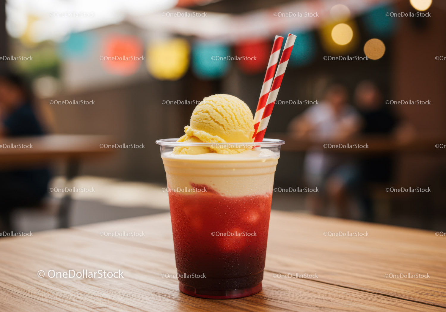 Vibrant Summer Fruit Drink with Ice Cream and Straw