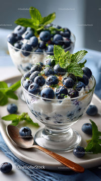 Blueberry Yogurt Dessert with Mint Garnish in Glass Dessert Cup