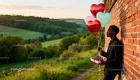 Man holding heart balloons and chocolates by brick wall