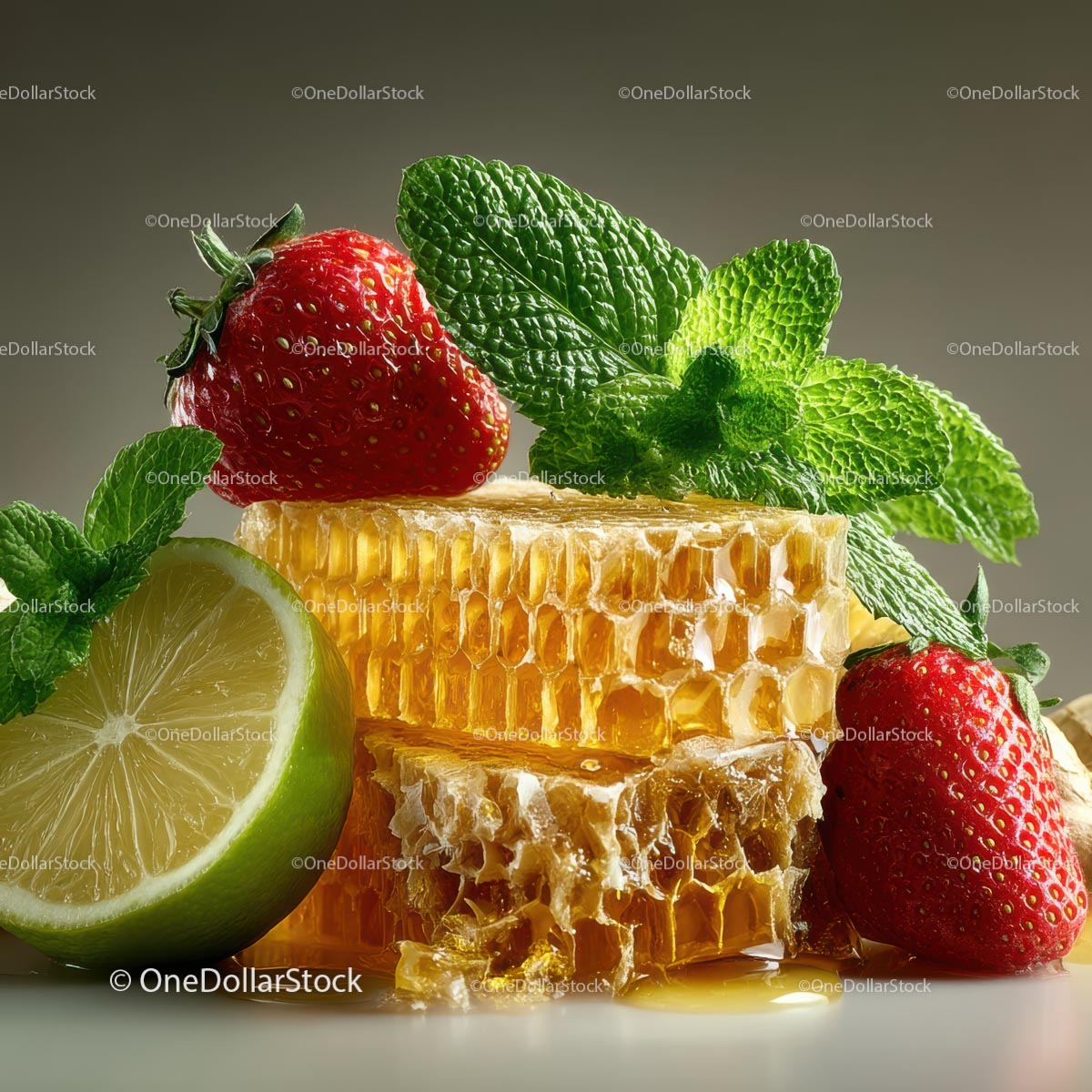 Fresh Honeycomb with Strawberries and Lime Garnish