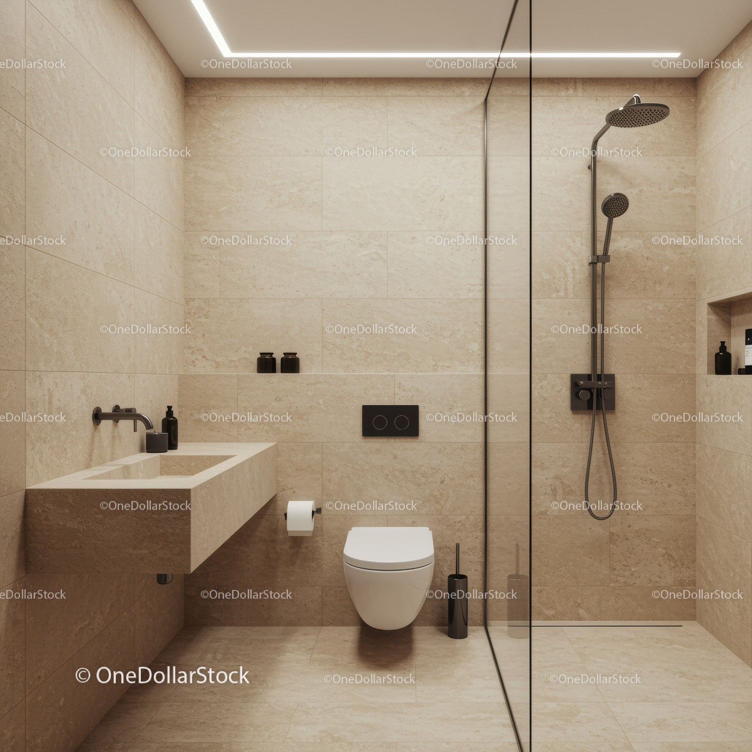 Elegant Modern Bathroom with Shower and Wall-Mounted Toilet
