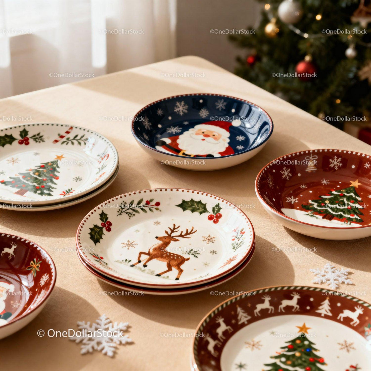 Festive Christmas Dinnerware with Holiday Motifs on Table