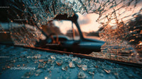 Abandoned Vintage Car with Broken Glass at Sunset