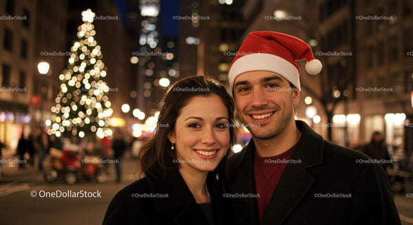 Couple Smiling by Festive Christmas Tree at Night