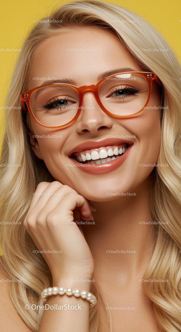 Smiling blonde woman wearing orange glasses and pearl bracelet