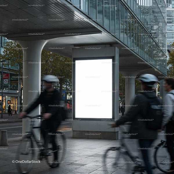 Urban cyclists passing by blank city advertisement board JPG Mockup Image