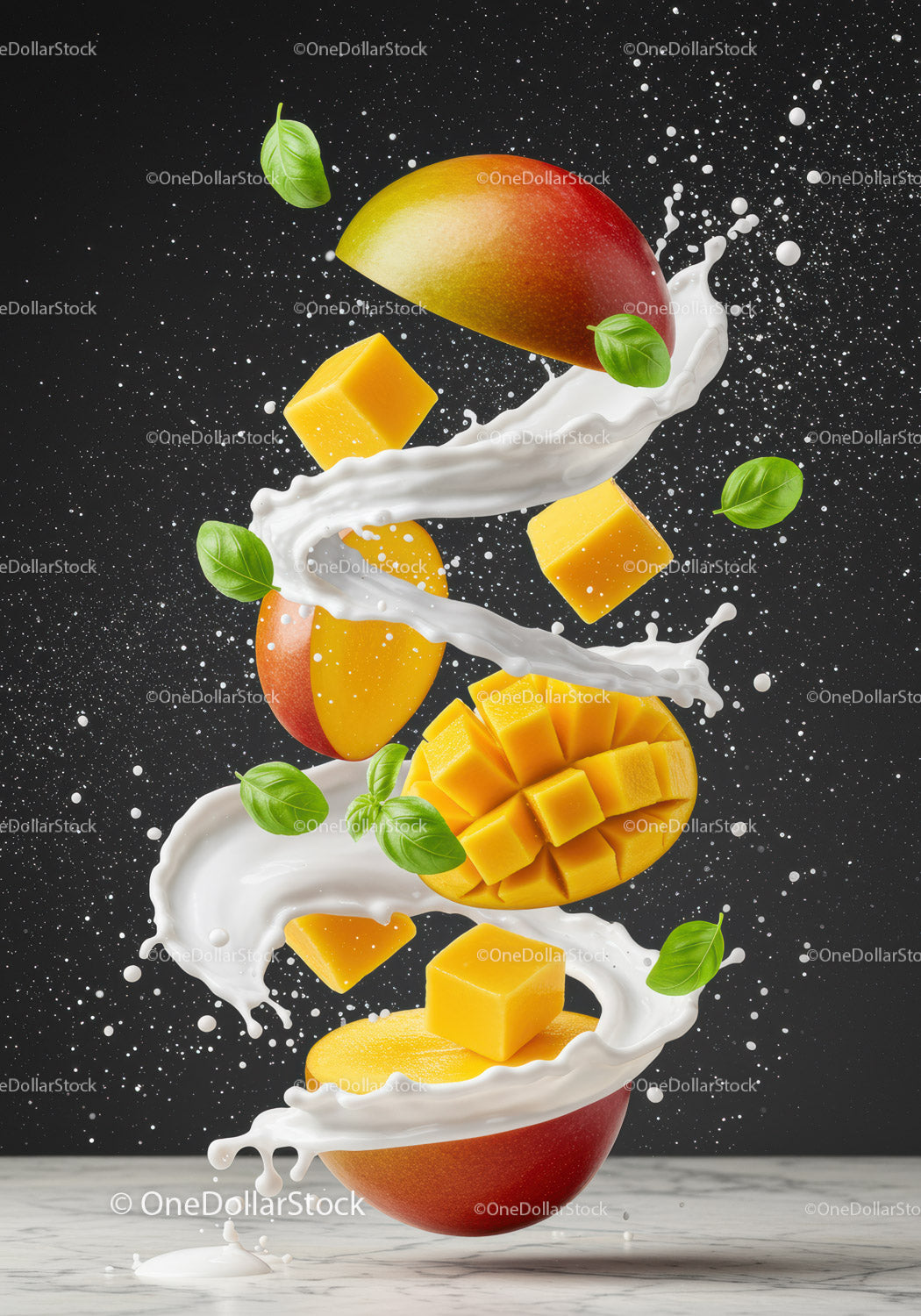 Fresh mango pieces swirling with creamy milk and basil
