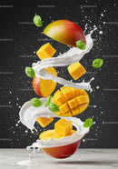Fresh mango pieces swirling with creamy milk and basil