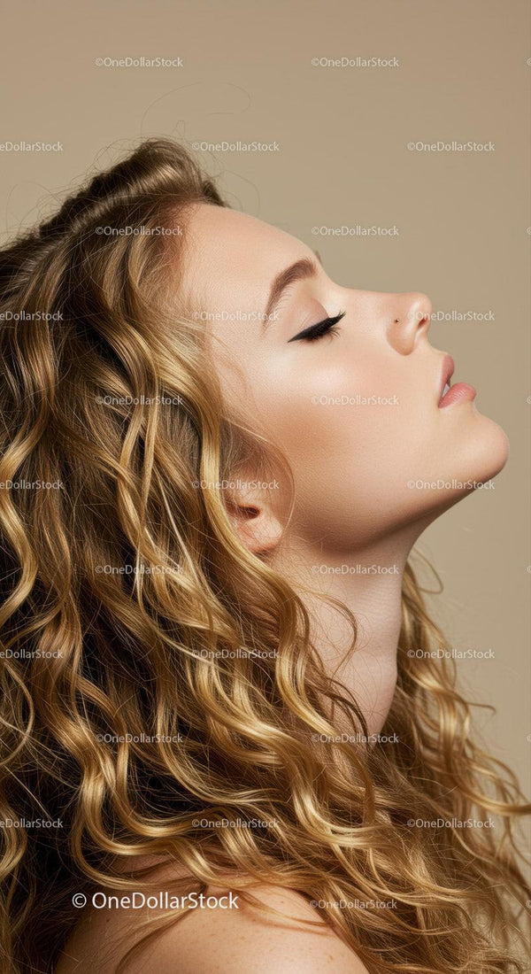 Profile of young woman with curly blonde hair and nose piercing