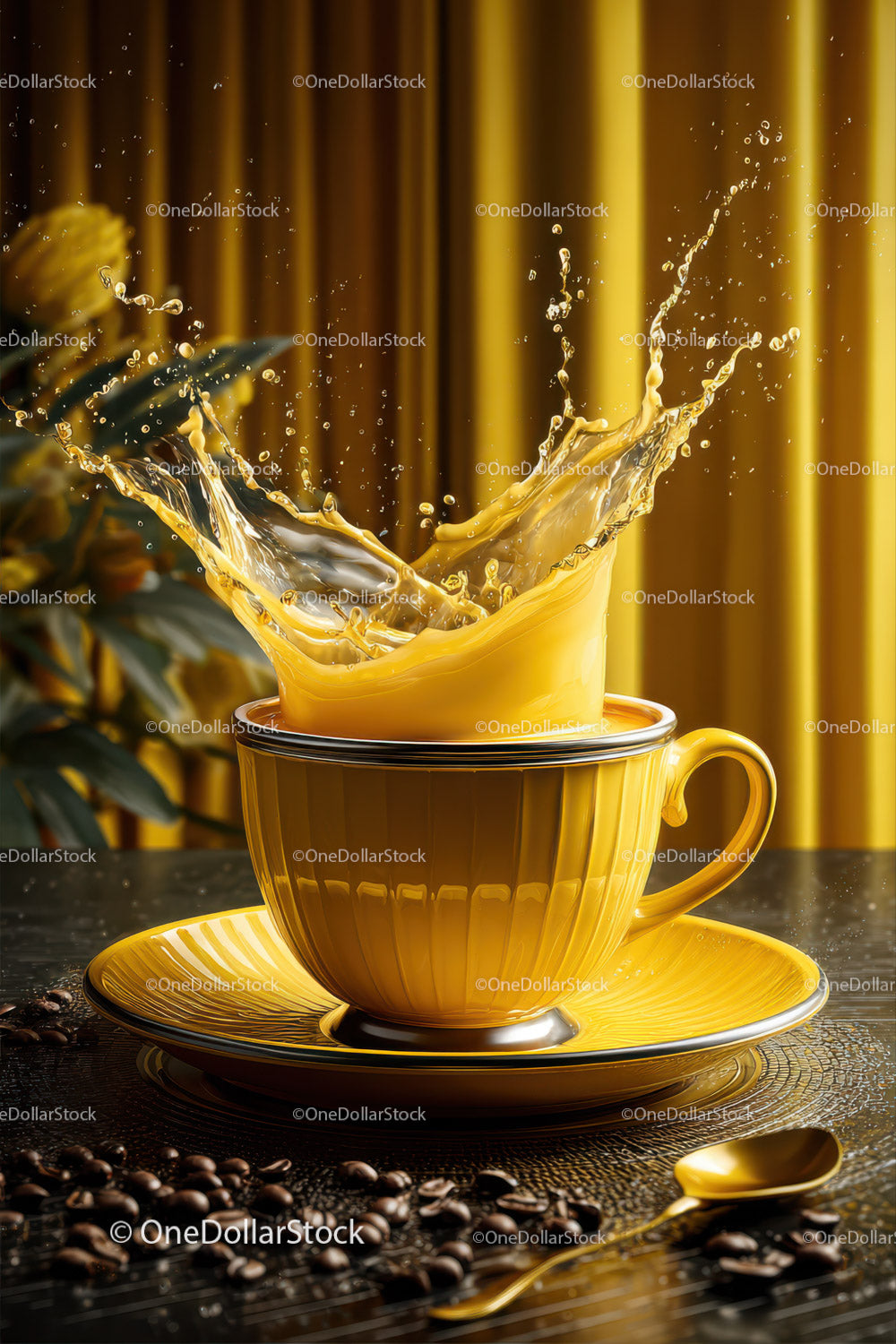 Yellow Ceramic Coffee Cup with Splash of Hot Coffee