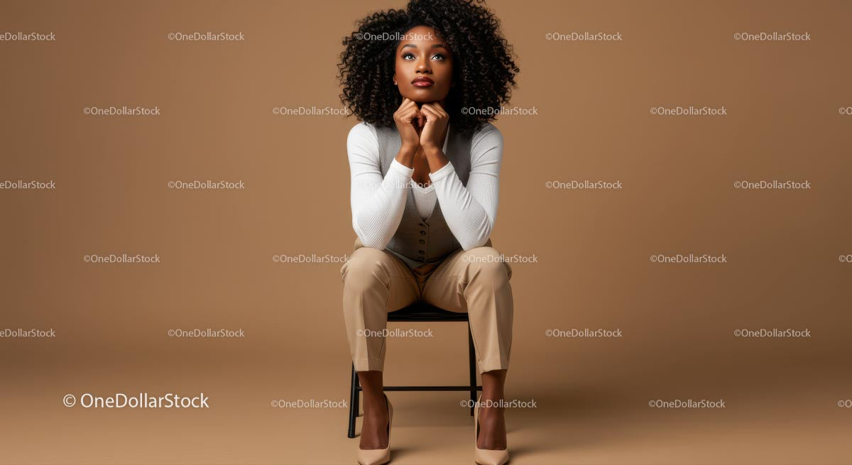 Stylish Confident Woman Sitting on Chair in Modern Studio
