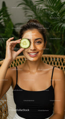 Young Woman Enjoying Facial Mask with Cucumber Eye Treatment in Spa