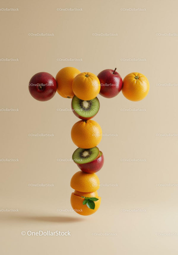 Creative T Letter Composed of Fresh Mixed Fruits