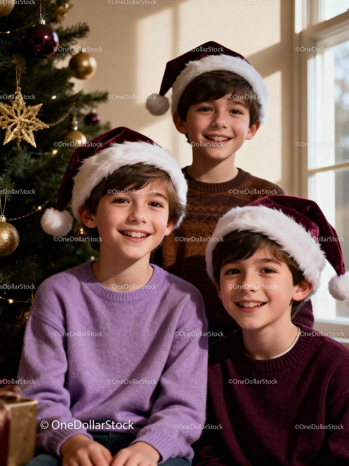 Three smiling boys in Santa hats near Christmas tree
