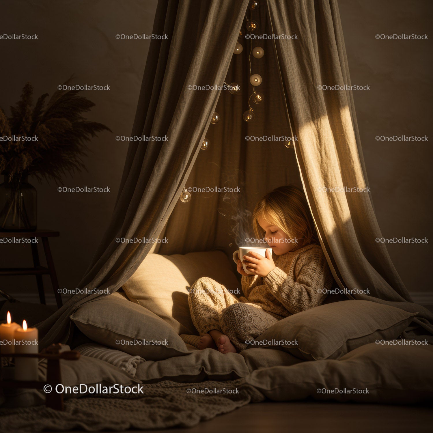 Cozy child enjoying warm drink in indoor tent nook