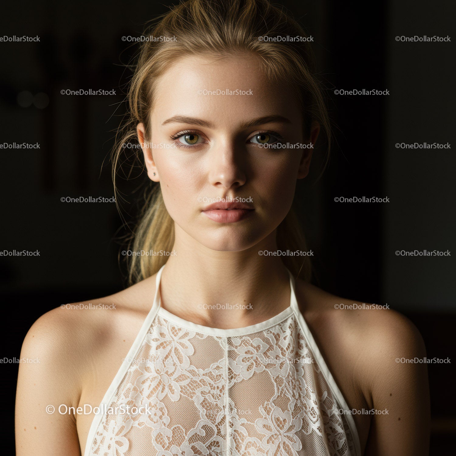 Elegant Young Woman in Lace Top with Youthful Glow