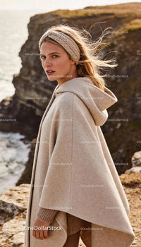 Woman in cozy beige cape and knitted headband by cliffs