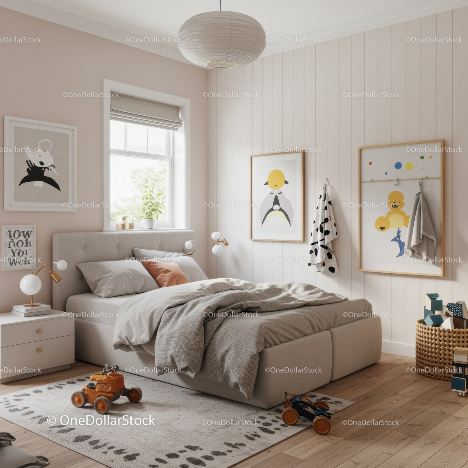 Cozy Modern Children's Bedroom with Playful Wall Art and Toys