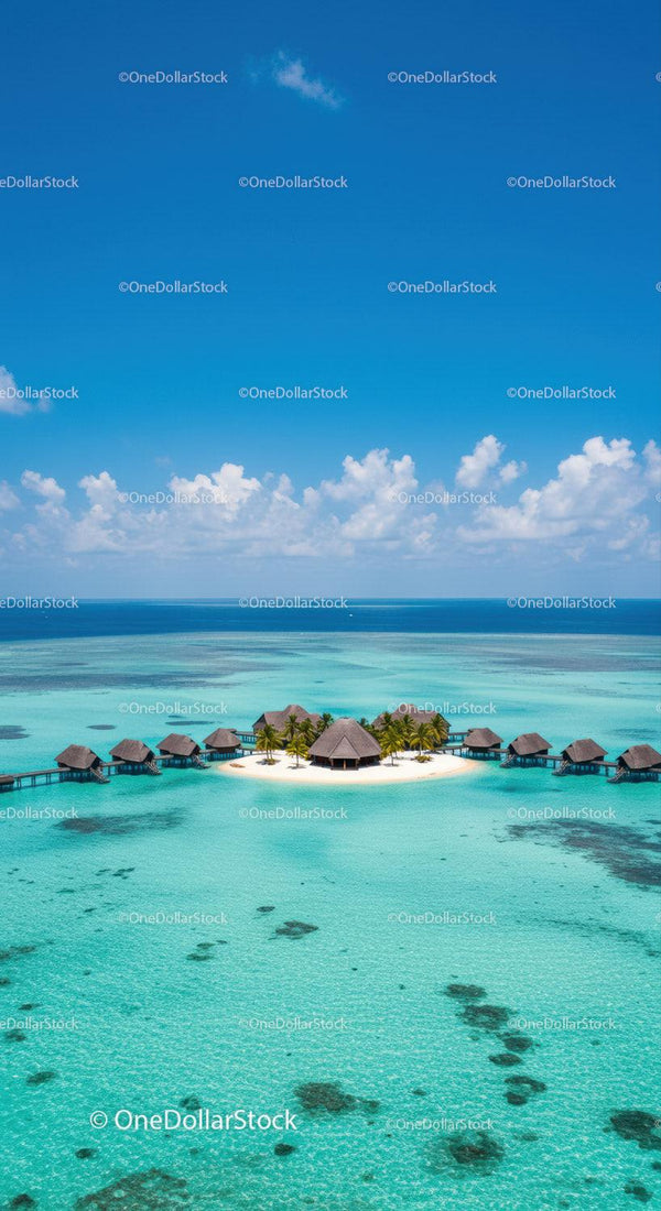 Paradise Tropical Island Overwater Bungalows in Turquoise Lagoon