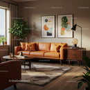 Cozy living room with warm leather sofa and greenery