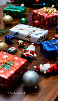 Festive Christmas Presents and Decorations on Wooden Table