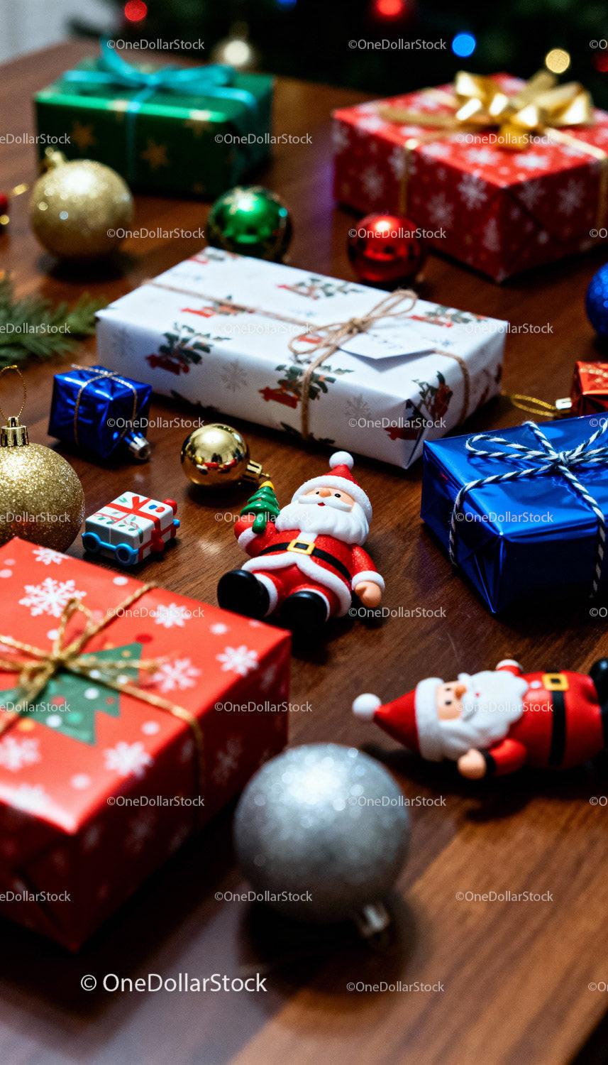Festive Christmas Presents and Decorations on Wooden Table